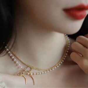 Gold Bow & Pearl Double Strand Layered Necklace 18K Gold Plated Delicate Elegant